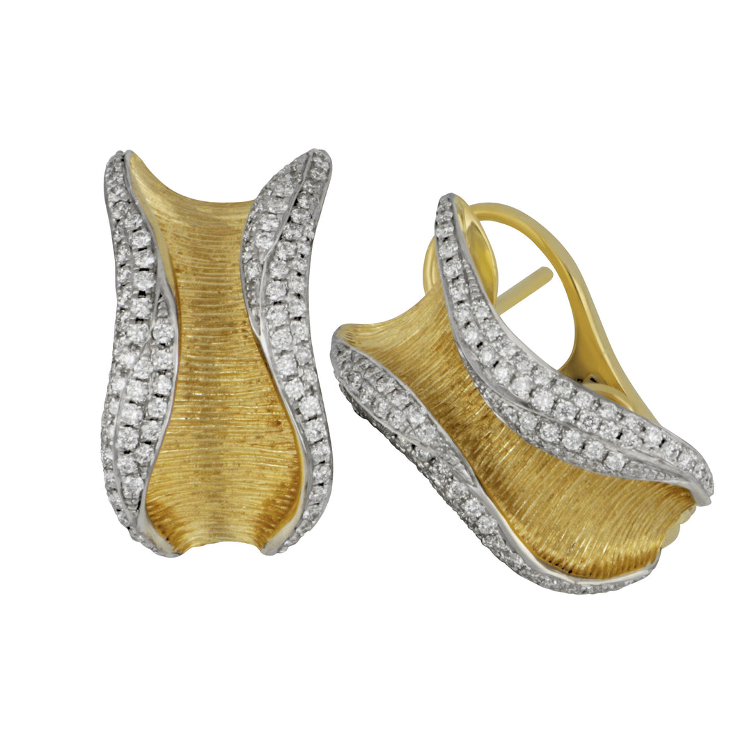 18k Yellow Gold and Diamond Wave with Omega Back earring D=.74TW