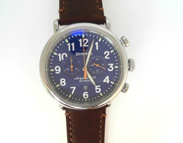 Shinola Men's Runwell 47mm Chronograph Watch with Blue Dial & Tan Leather Strap