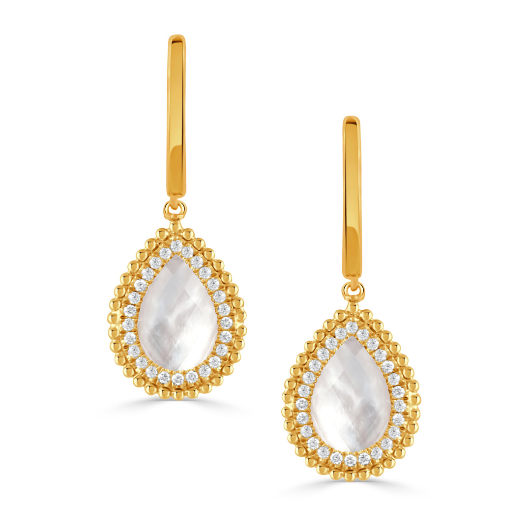 E11083WMP-18K YELLOW GOLD DIAMOND EARRING WITH CLEAR QUARTZ OVER WHITE MOTHER OF PEARL