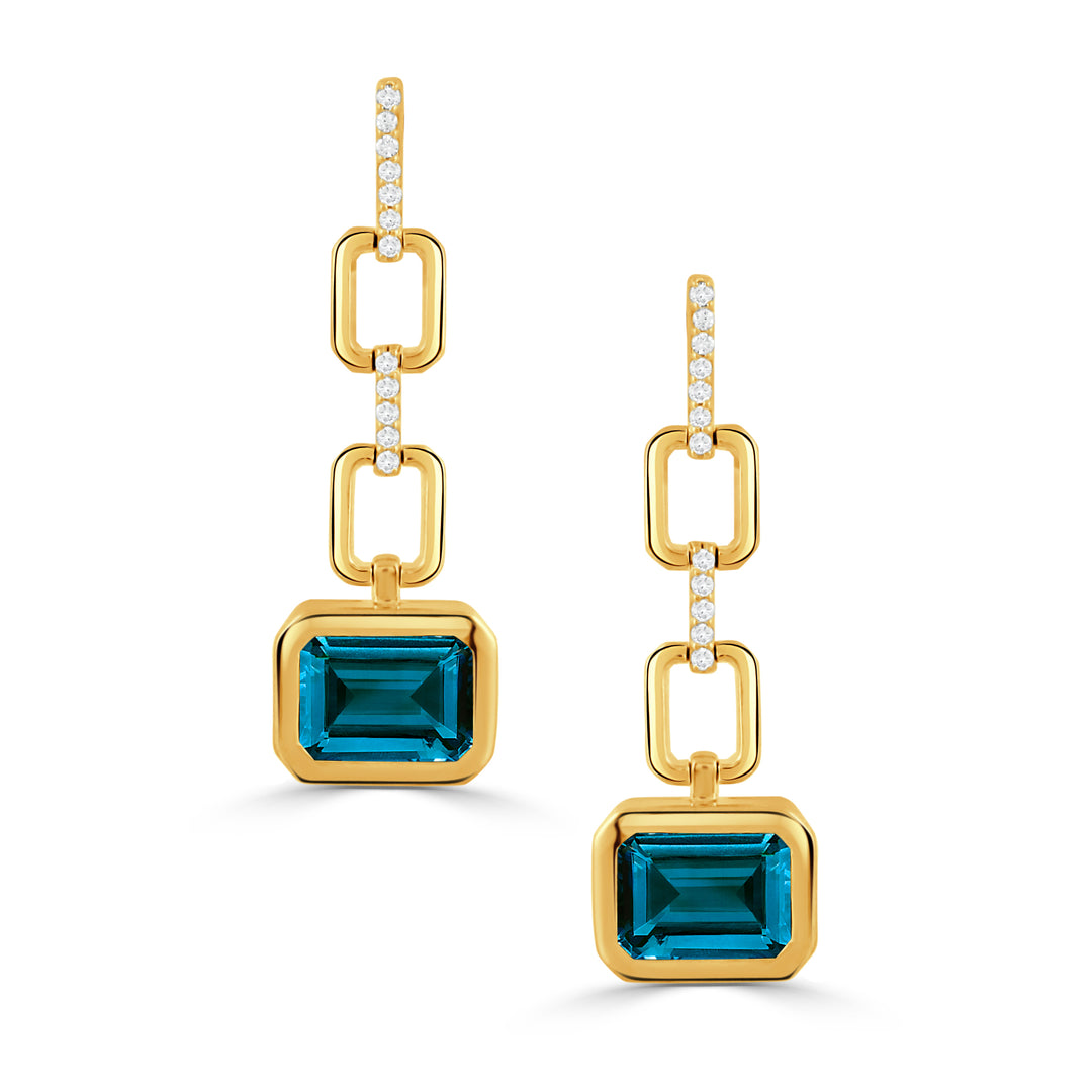 E11162LBT-Y-18K YELLOW GOLD DIAMOND EARRING WITH LONDON BLUE TOPAZ