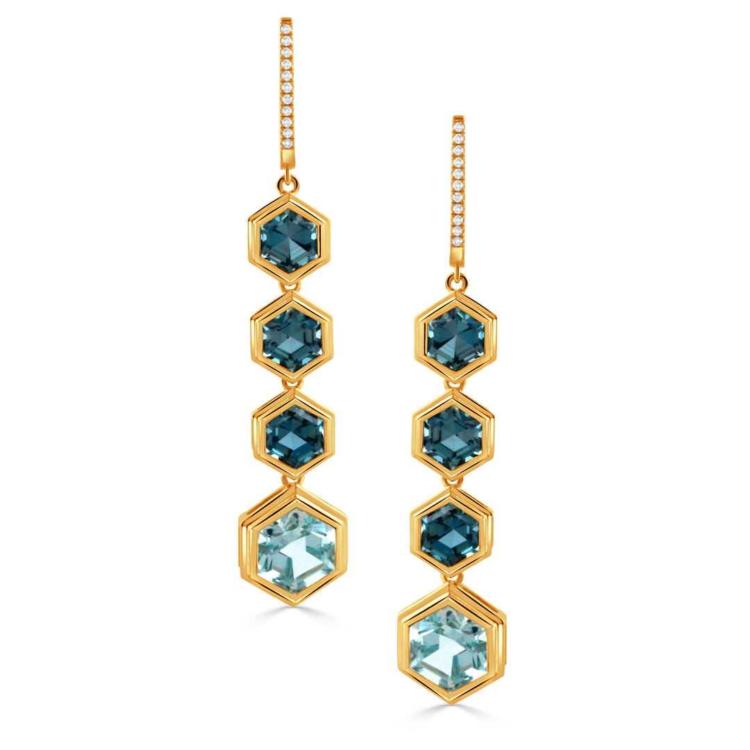 E11579LBBT-Y-18K YELLOW GOLD DIAMOND EARRING WITH LONDON BLUE TOPAZ AND SKY BLUE TOPAZ