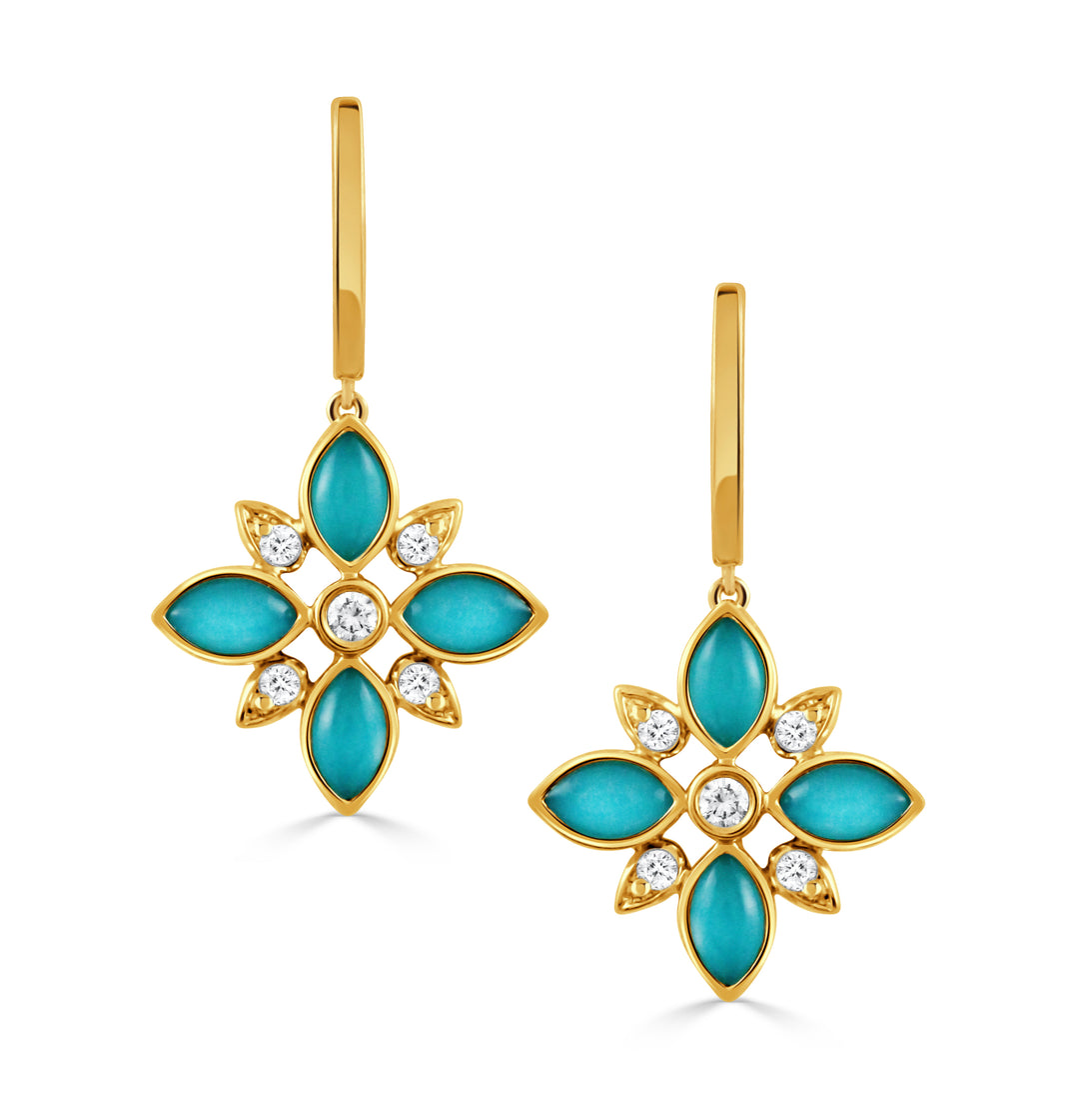 E11665TQ-Y-18K YELLOW GOLD DIAMOND EARRING WITH CABOCHON CUT CLEAR QUARTZ OVER TURQUOISE