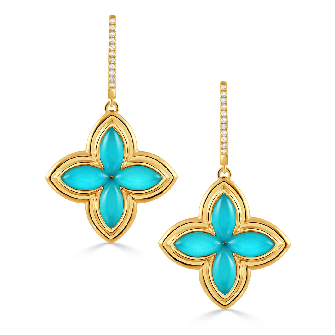 E11754TQ-Y-18K YELLOW GOLD DIAMOND EARRING WITH CABOCHON CUT CLEAR QUARTZ OVER TURQUOISE