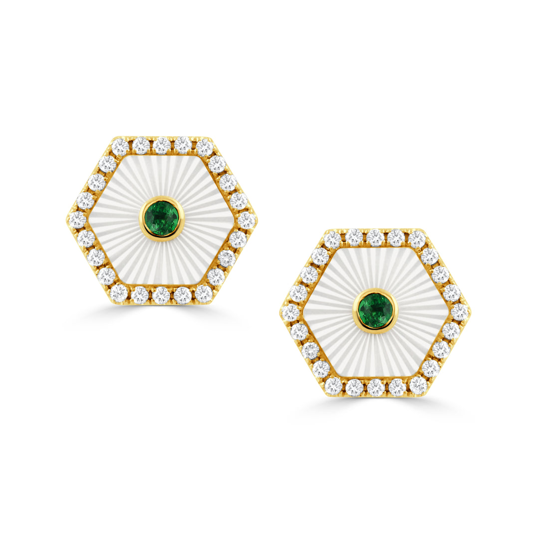 E11971TSMP-A-18K YELLOW GOLD DIAMOND EARRING WITH CARVED WHITE MOTHER OF PEARL AND TSAVORITE CENTER STONE
