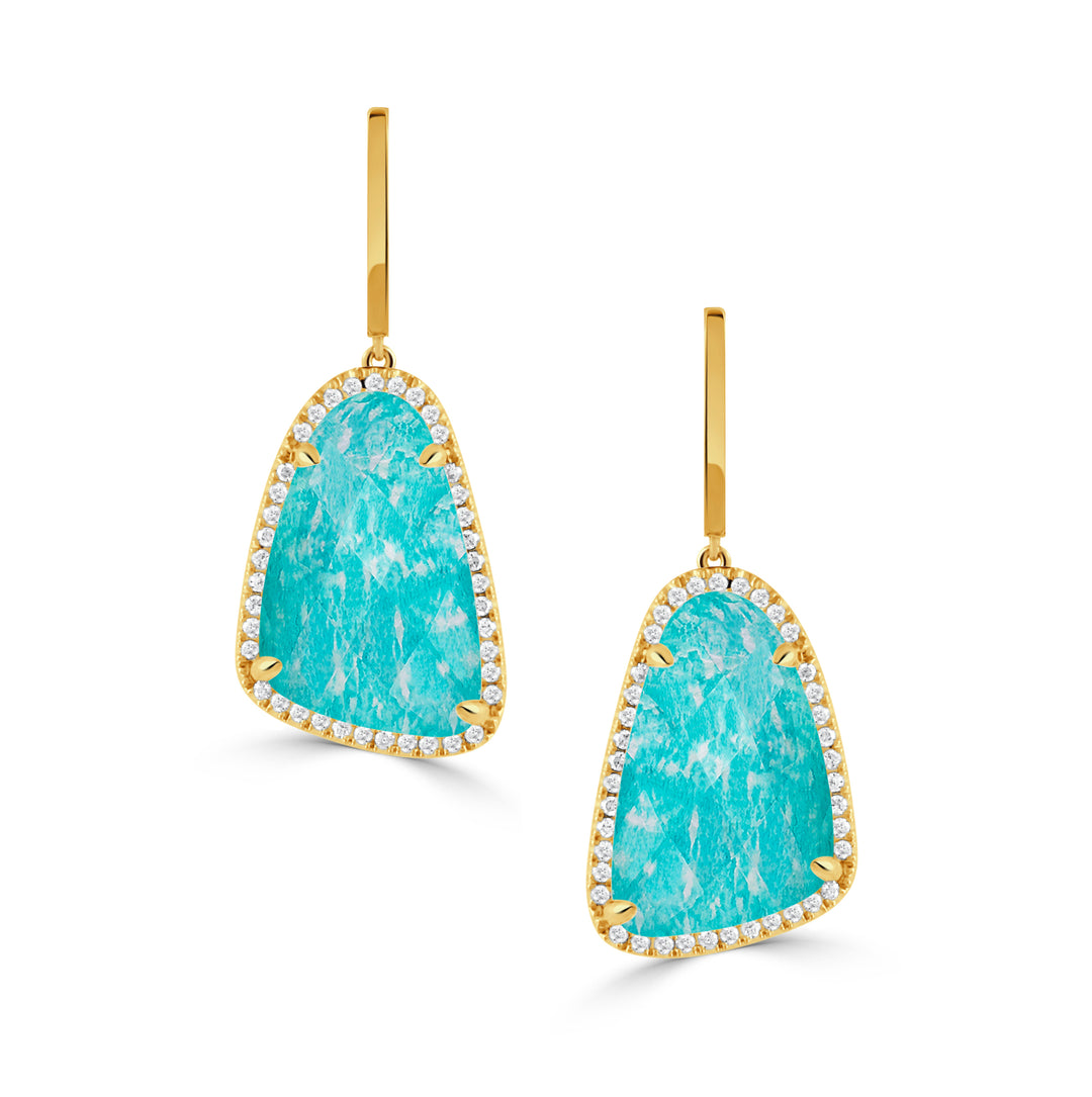 E7275AZ-2-18K YELLOW GOLD DIAMOND EARRING WITH CLEAR QUARTZ OVER AMAZONITE
