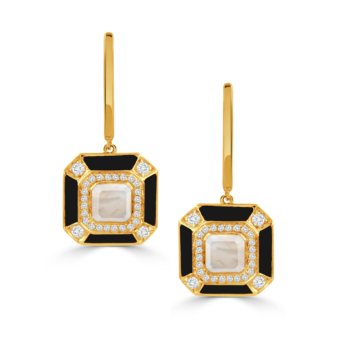 E8804BOMP-2-18K YELLOW GOLD DIAMOND EARRINGS WITH BLACK ONYX SIDES AND FLAT CUT WHITE MOTHER OF PEARL CENTER