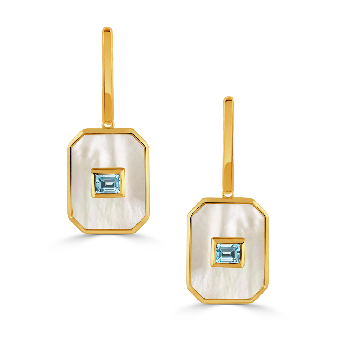 E8824WMPBT-18K YELLOW GOLD DIAMOND EARRING WITH SKY BLUE TOPAZ CENTER AND WHITE MOTHER OF PEARL