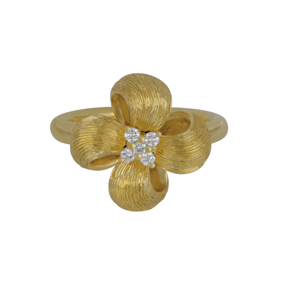 18k Yellow Gold 4 Petal Flower Satin Style Ring  5D=0.10TW Ring Size 6.5