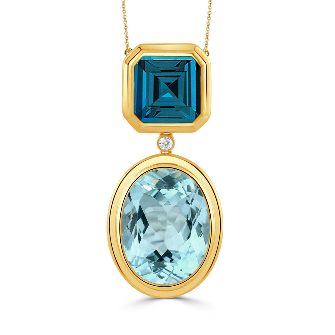 N11220LBBT-Y-18K YELLOW GOLD DIAMOND NECKLACE WITH LONDON BLUE TOPAZ TOP STONE AND SKY BLUE TOPAZ BOTTOM STONE