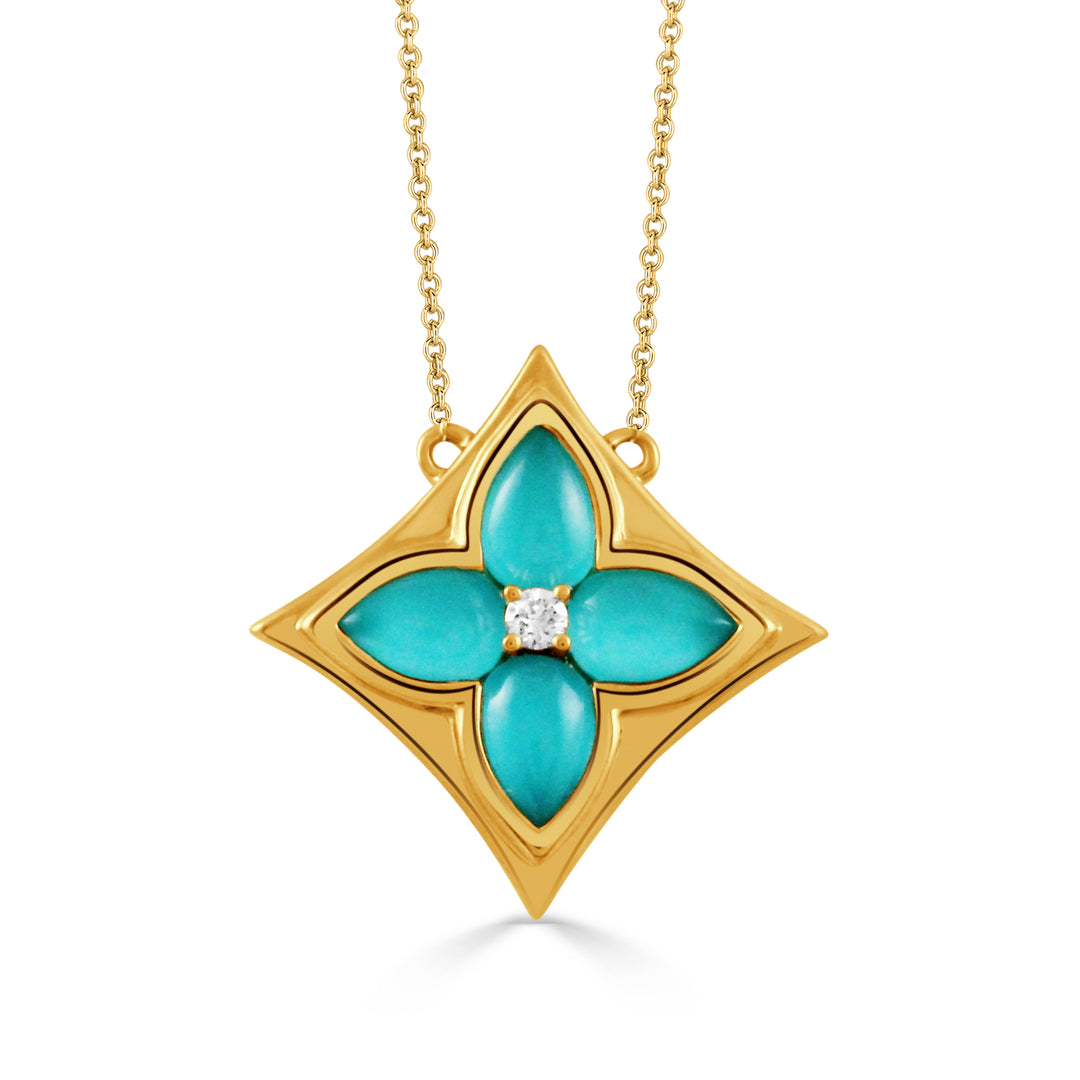 N11764TQ-Y-18K YELLOW GOLD DIAMOND NECKLACE WITH CABOCHON CUT CLEAR QUARTZ OVER TURQUOISE