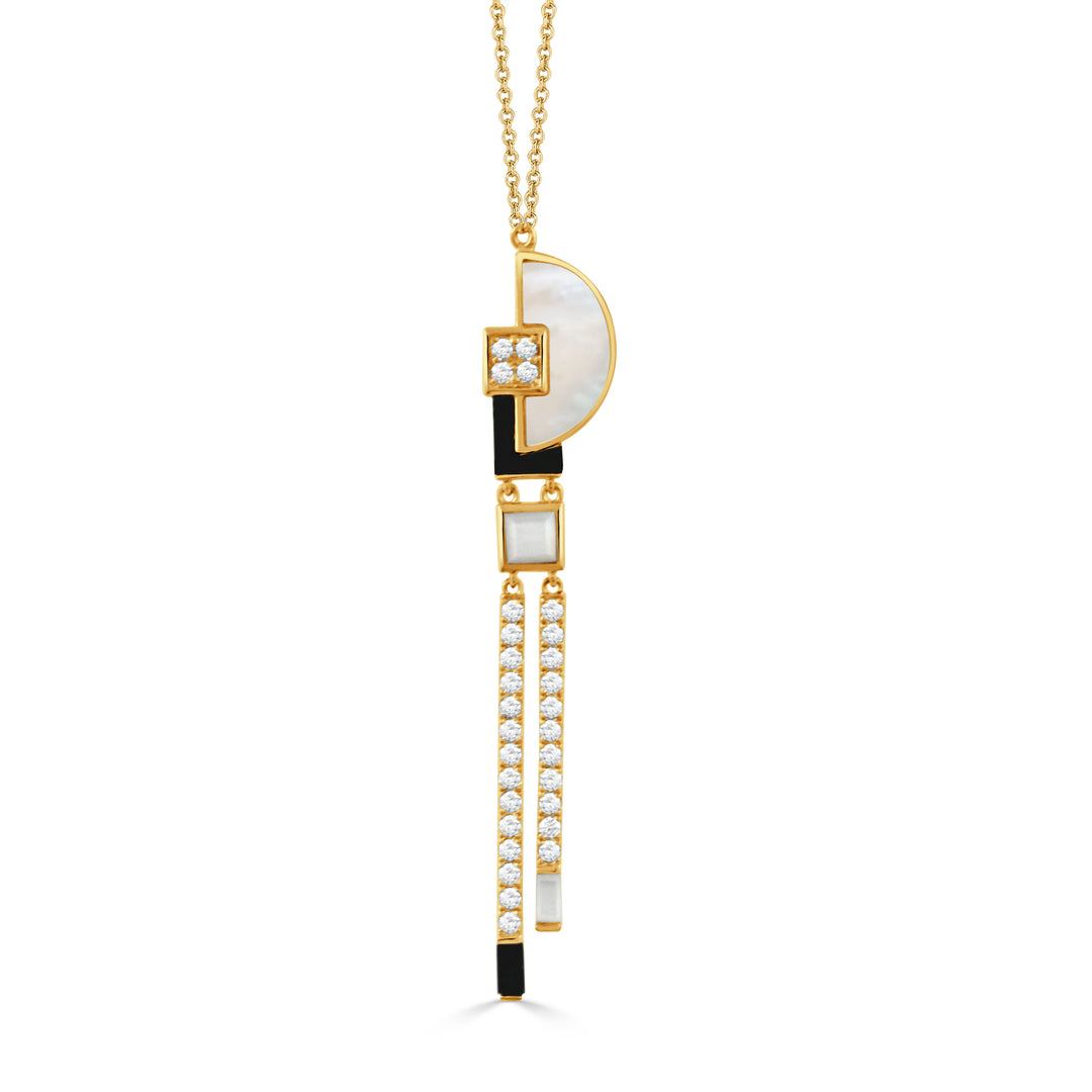 N9118BOMP-3-18K YELLOW GOLD DIAMOND NECKLACE WITH WHITE MOTHER OF PEARL AND BLACK ONYX