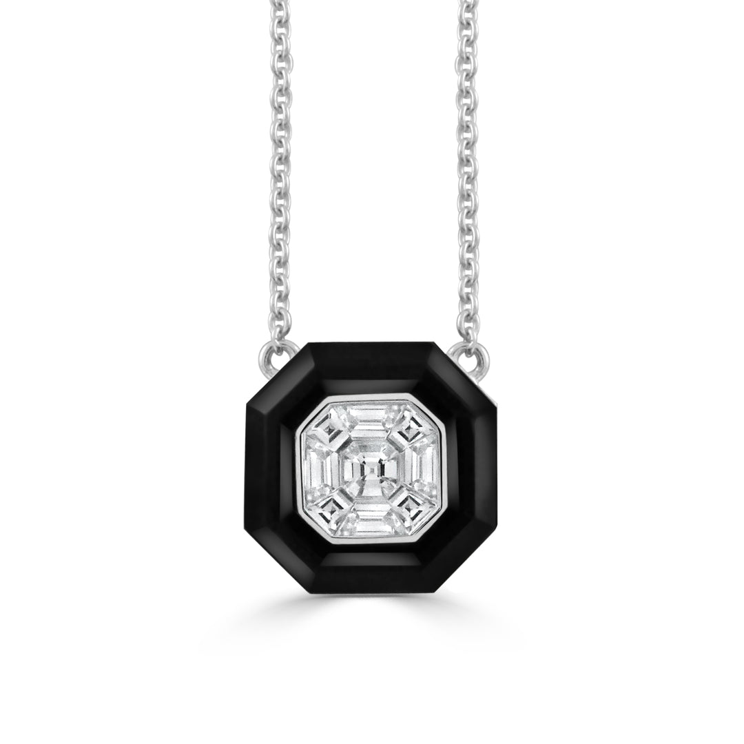 N9176BO-1-18K WHITE GOLD INVISIBLE SET DIAMOND NECKLACE WITH BLACK ONYX