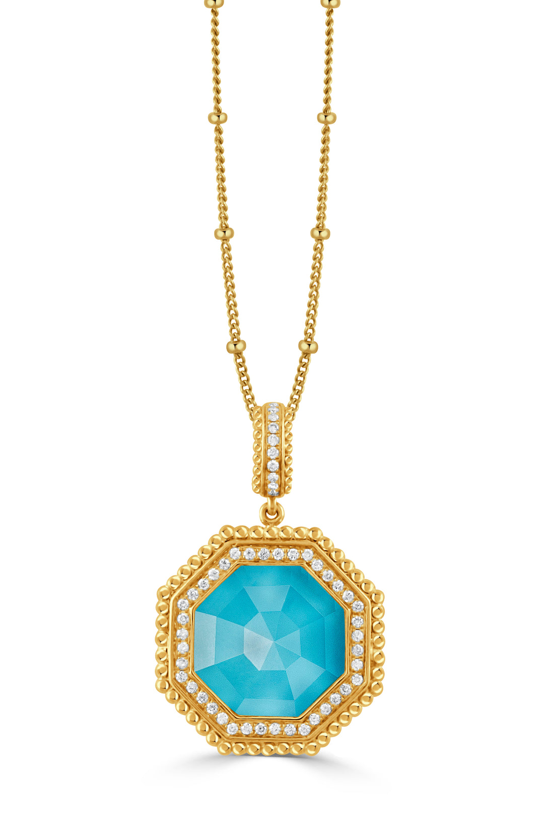 P11102TQ-Y-18K YELLOW GOLD DIAMOND PENDANT WITH STEP CUT CLEAR QUARTZ OVER TURQUOISE