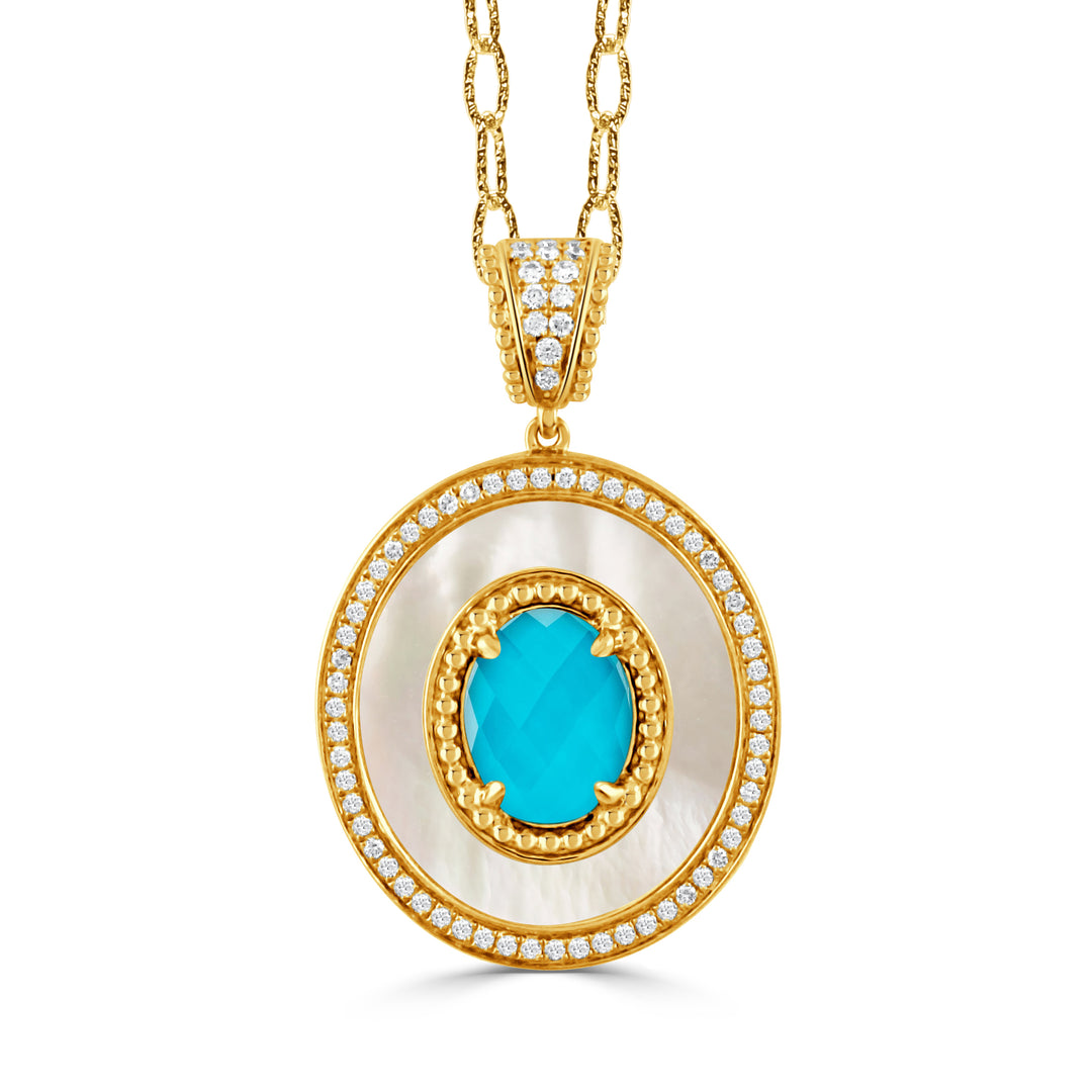 P11103WMPTQ-18K YELLOW GOLD DIAMOND PENDANT WITH WHITE MOTHER OF PEARL AND CHECKER CUT CLEAR QUARTZ OVER TURQUOISE