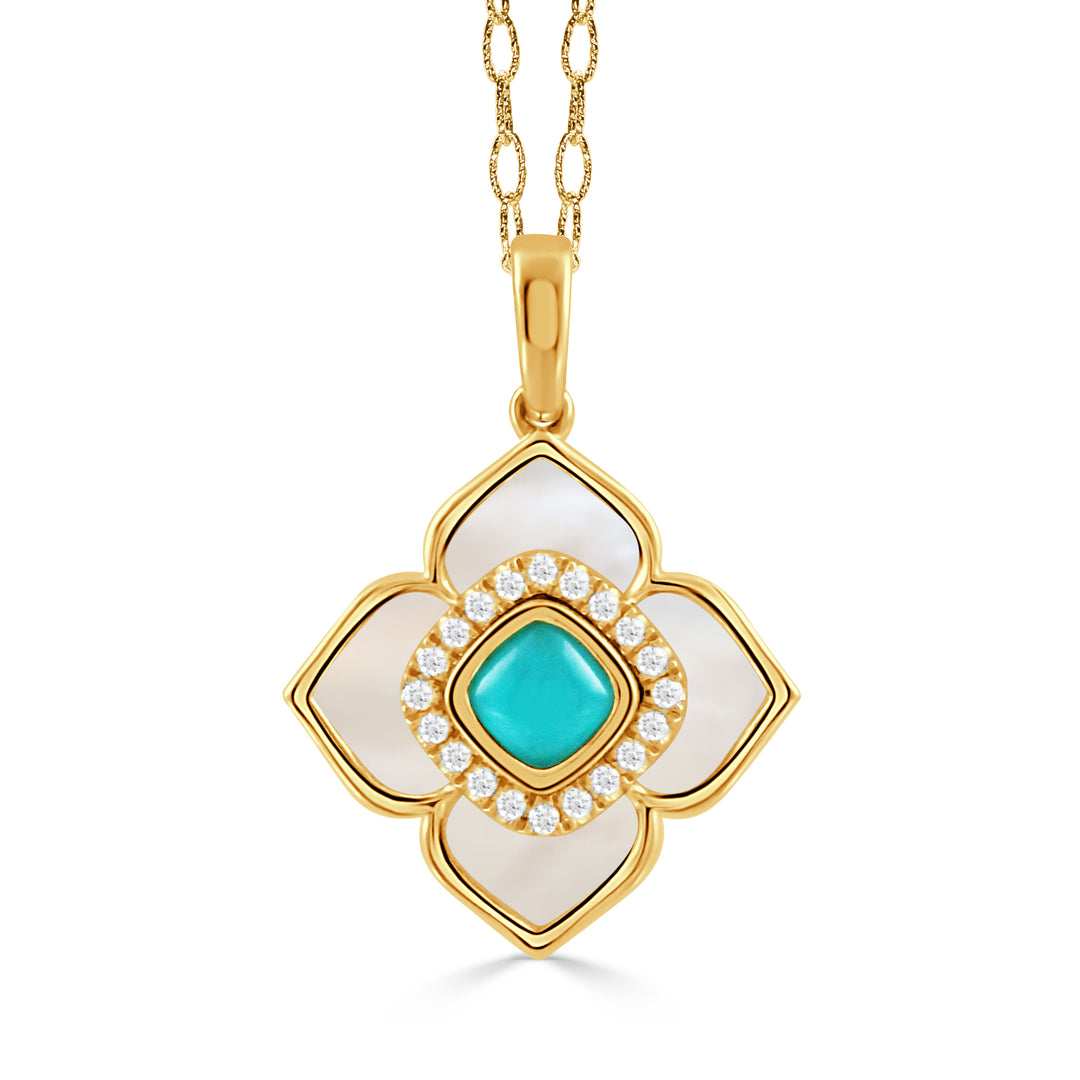 P11915WMPTQ-18K YELLOW GOLD DIAMOND PENDANT WITH CABOCHON CUT CLEAR QUARTZ OVER TURQUOISE CENTER AND WHITE MOTHER OF PEARL