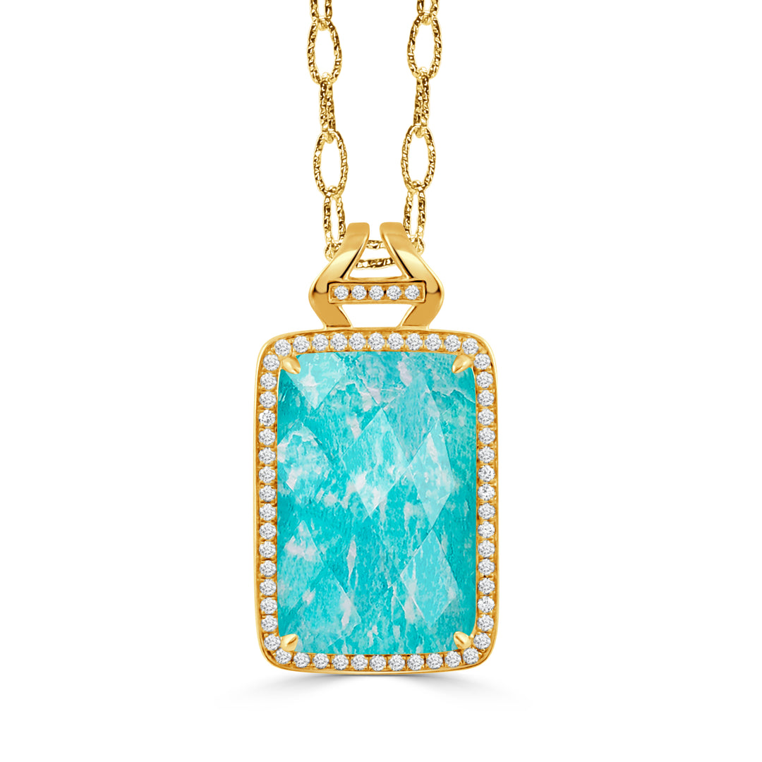 P7054AZ-18K YELLOW GOLD PENDANT WITH CLEAR QUARTZ OVER AMAZONITE