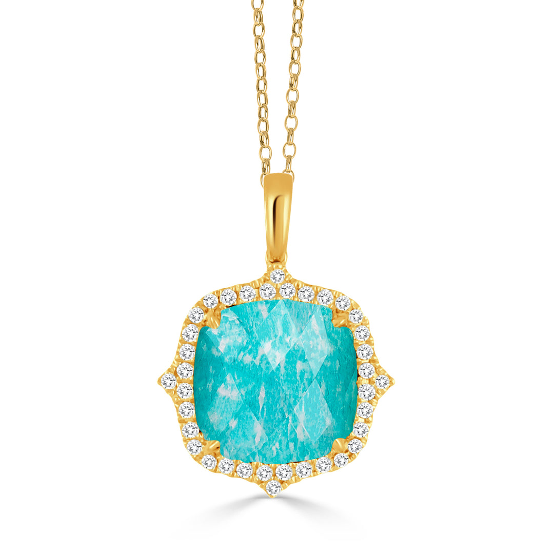 P7441AZ-18K YELLOW GOLD DIAMOND PENDANT WITH CLEAR QUARTZ OVER AMAZONITE
