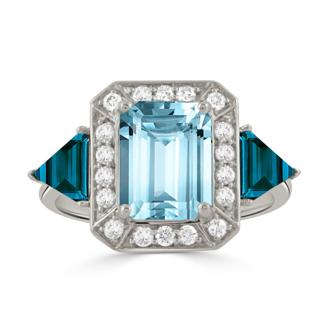 R11175LBBT-18K WHITE GOLD DIAMOND RING WITH LONDON BLUE TOPAZ SIDES AND SKY BLUE TOPAZ CENTER