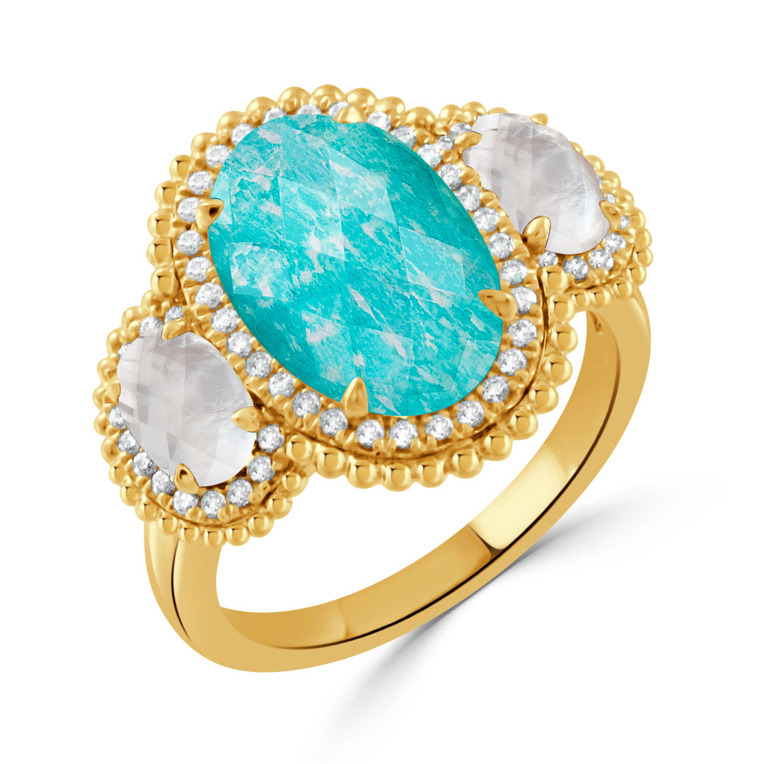R11415AZMP-18K YELLOW GOLD DIAMOND RING WITH CLEAR QUARTZ OVER AMAZONITE CENTER AND WITH CLEAR QUARTZ OVER WHITE MOTHER OF PEARL SIDES