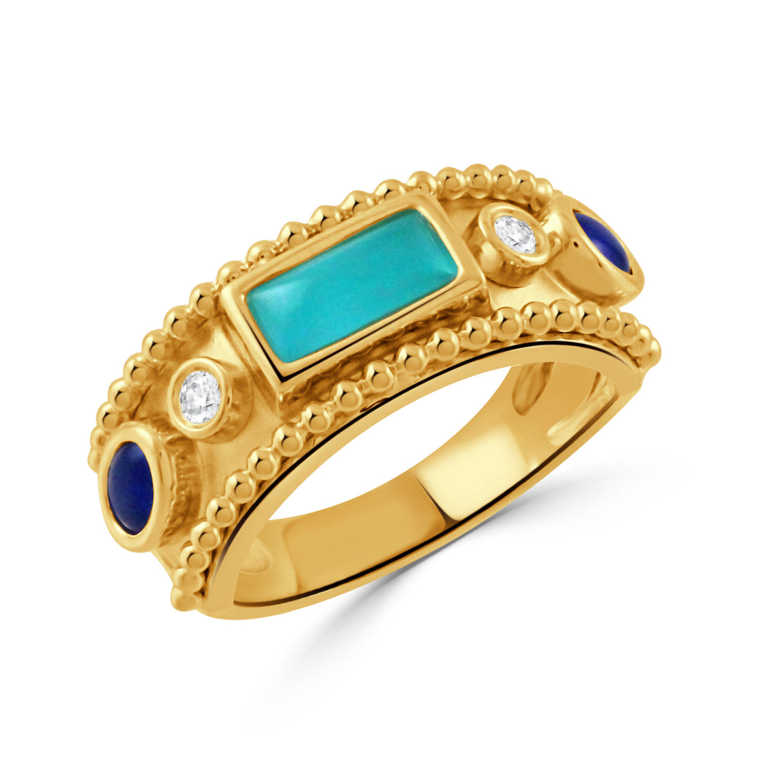 R11516LPTQ-Y-18K YELLOW GOLD DIAMOND RING WITH CLEAR QUARTZ OVER LAPIS SIDE STONES AND CLEAR QAURTZ OVER TURQUOISE CENTER STONE