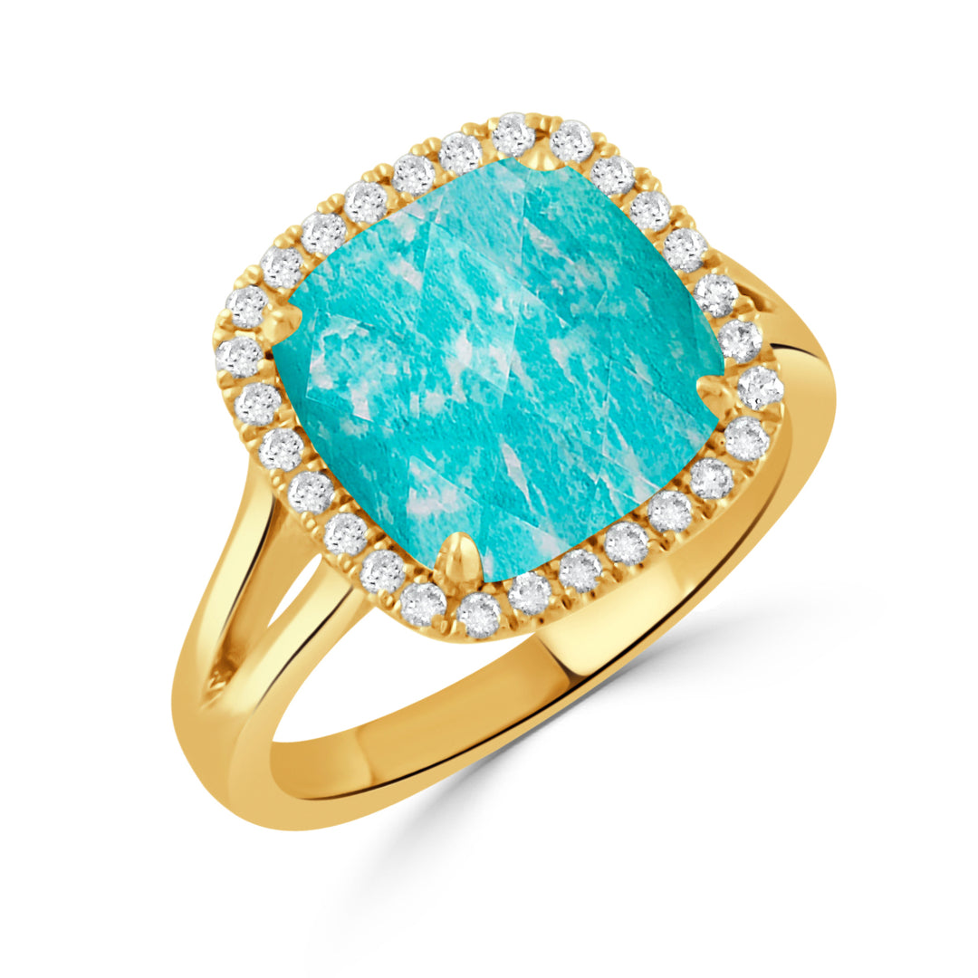 R6247AZ-1-18K YELLOW GOLD DIAMOND RING WITH CLEAR QUARTZ OVER AMAZONITE