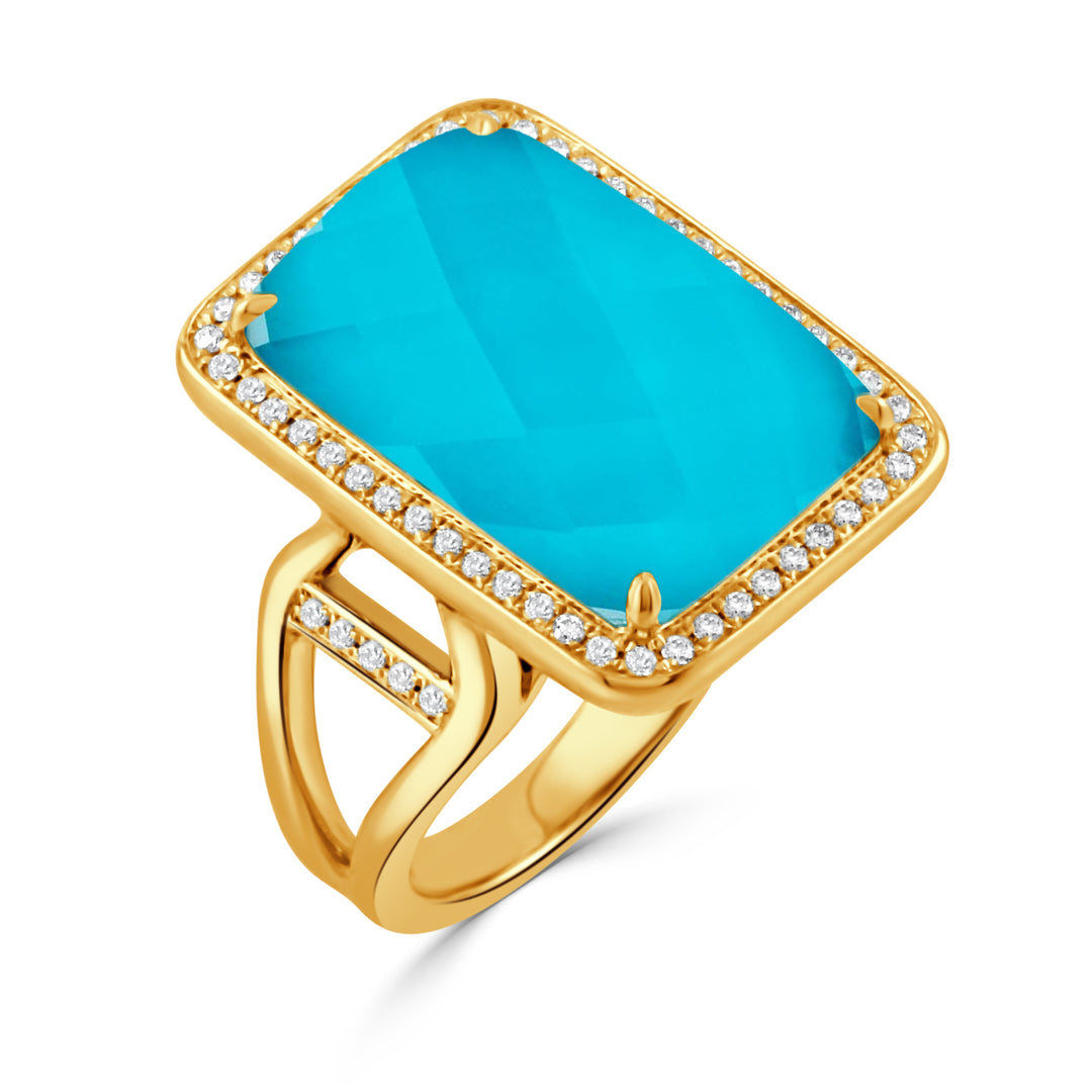 R7054TQ-Y-18K YELLOW GOLD RING WITH CLEAR QUARTZ OVER TURQUOISE
