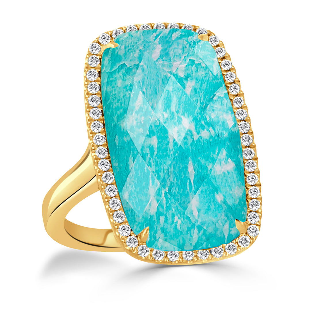 R7155AZ-18K YELLOW GOLD DIAMOND RING WITH CLEAR QUARTZ OVER AMAZONITE