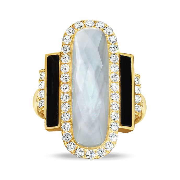 R8746BOMP-18K YELLOW GOLD DIAMOND RING WITH CLEAR QUARTZ OVER WHITE MOTHER OF PEARL CENTER AND BLACK ONYX SIDES