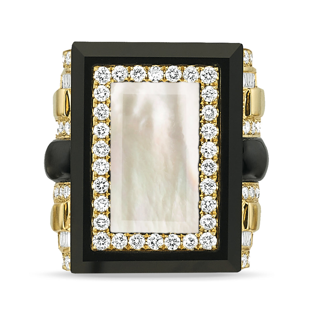 R9300BOMP-18K YELLOW GOLD DIAMOND RING WITH BLACK ONYX BORDERS AND FLAT CUT WHITE MOTHER OF PEARL CENTER