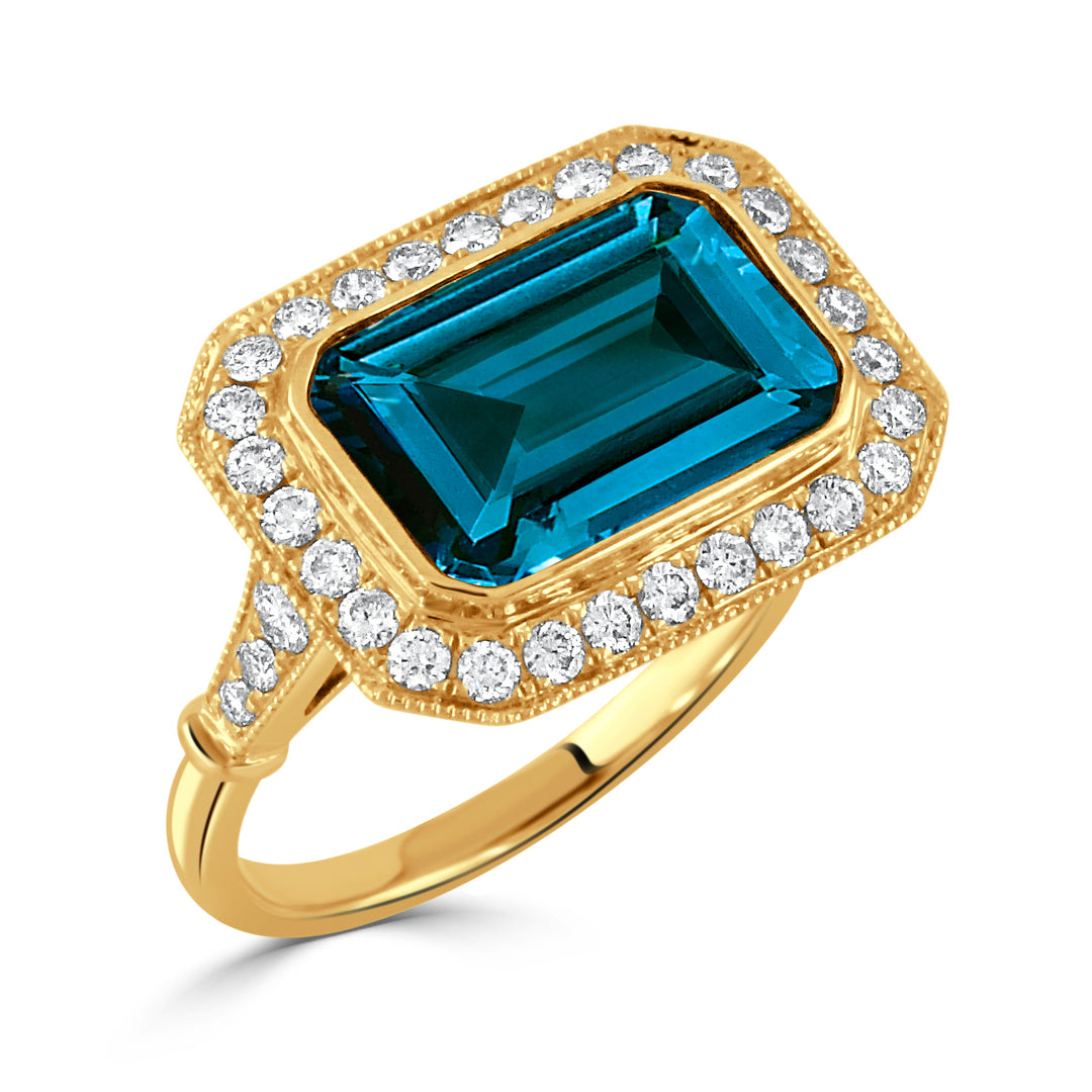 R9797LBT-Y-18K YELLOW GOLD DIAMOND RING WITH LONDON BLUE TOPAZ CENTER