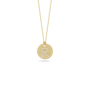 Roberto Coin 18 karat yellow gold Tiny Treasures disc diamond initial "R" pendant on chain, D=0.05tw