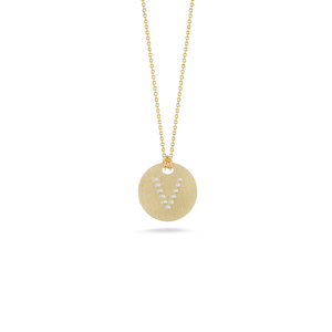 Roberto Coin 18 karat yellow gold Tiny Treasures disc diamond initial "V" pendant on chain, D=0.04tw