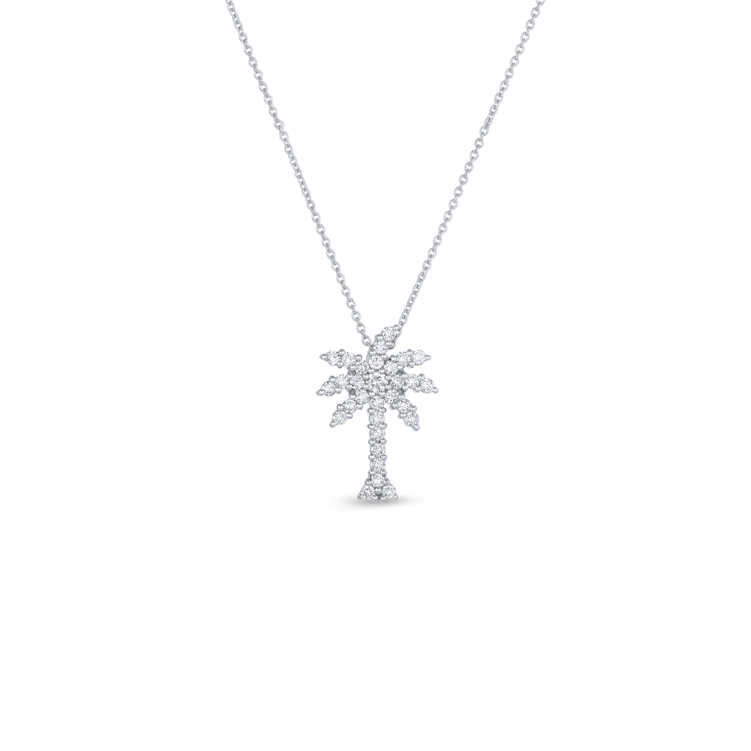 Roberto Coin 18 karat white gold Tiny Treasures large diamond palm tree pendant on chain, D=0.54tw