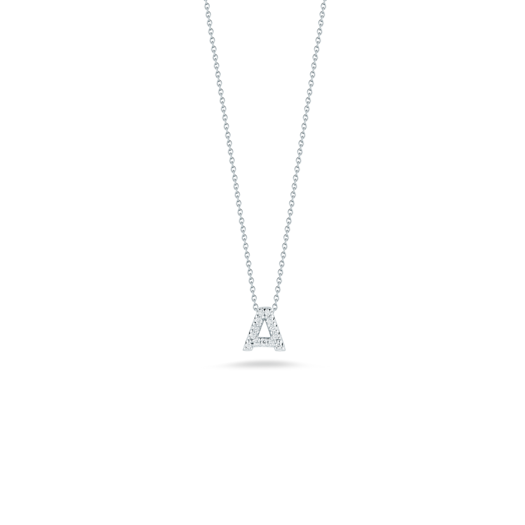 Roberto Coin 18k White Gold Tiny Treasures Diamond Block Love Letter "A" Pendant 16-18" Adjustable Chain (D=.06)