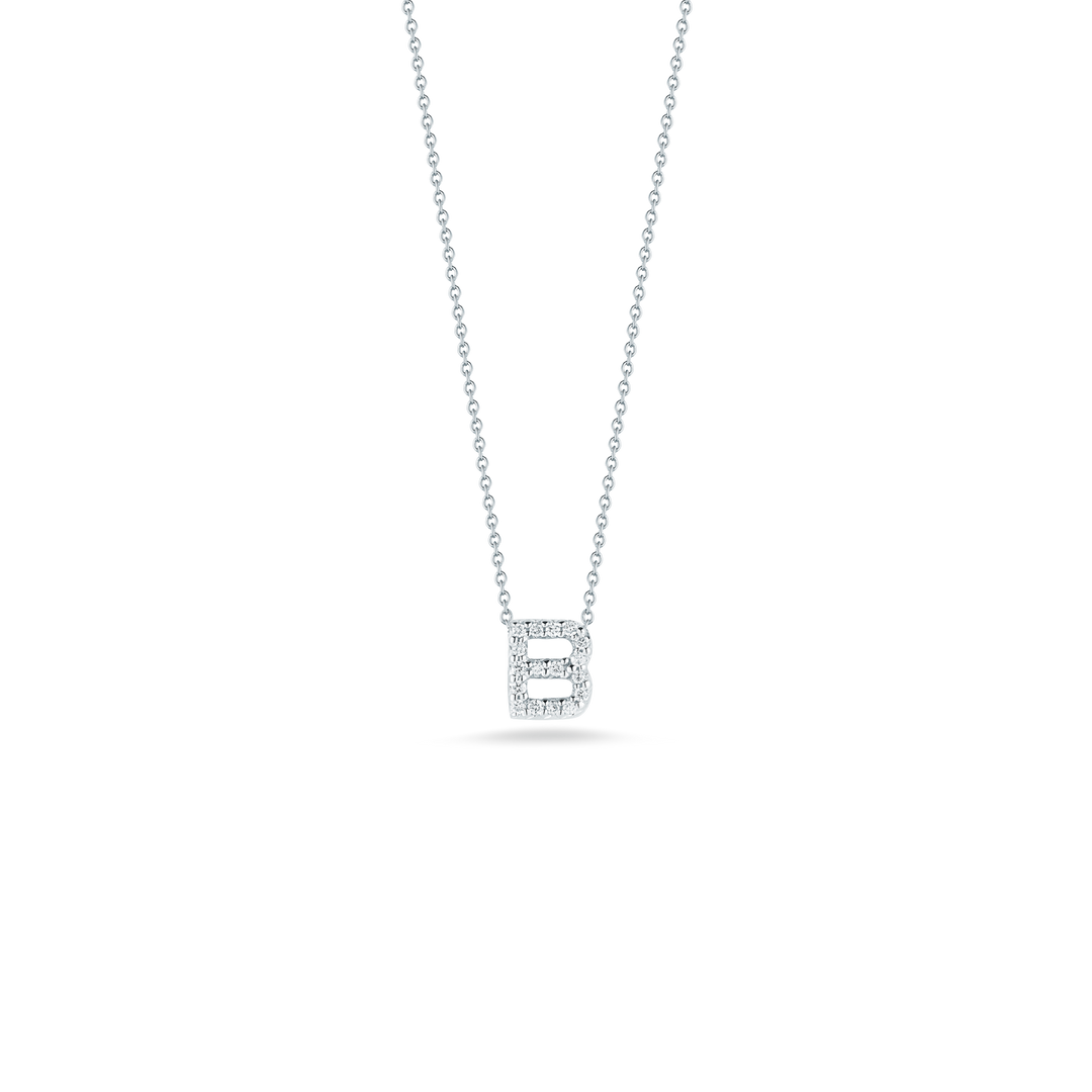 Roberto Coin 18k White Gold Tiny Treasures Diamond Block Love Letter "B" Pendant 16-18" Adjustable Chain (D=.08)