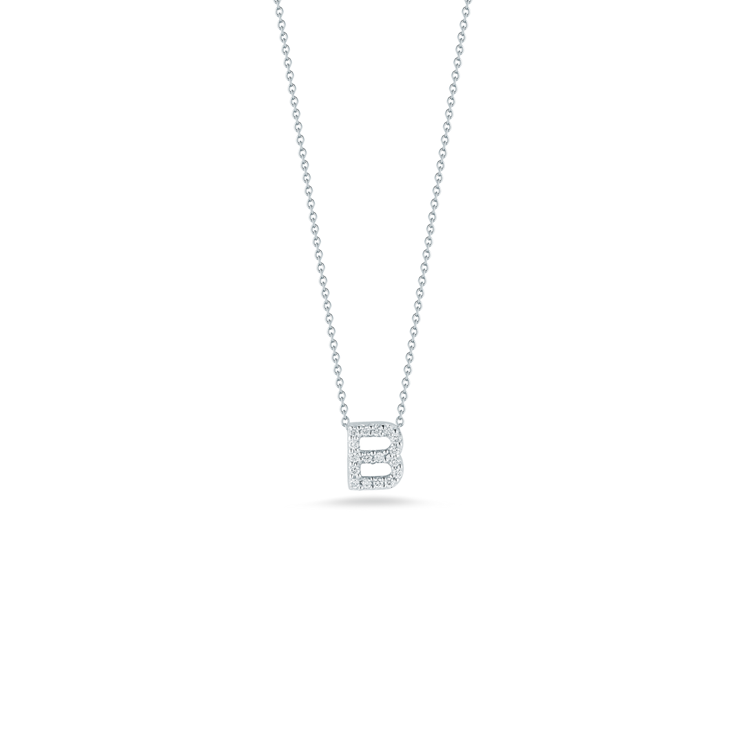 Roberto Coin 18k White Gold Tiny Treasures Diamond Block Love Letter "B" Pendant 16-18" Adjustable Chain (D=.08)