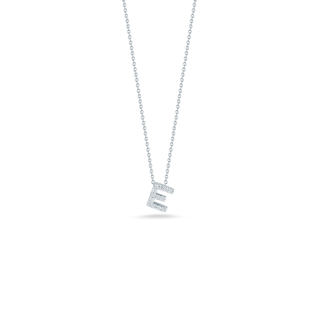 Roberto Coin 18k White Gold Tiny Treasures Diamond Block Love Letter "E" Pendant 16-18" Adjustable Chain (D=.06)