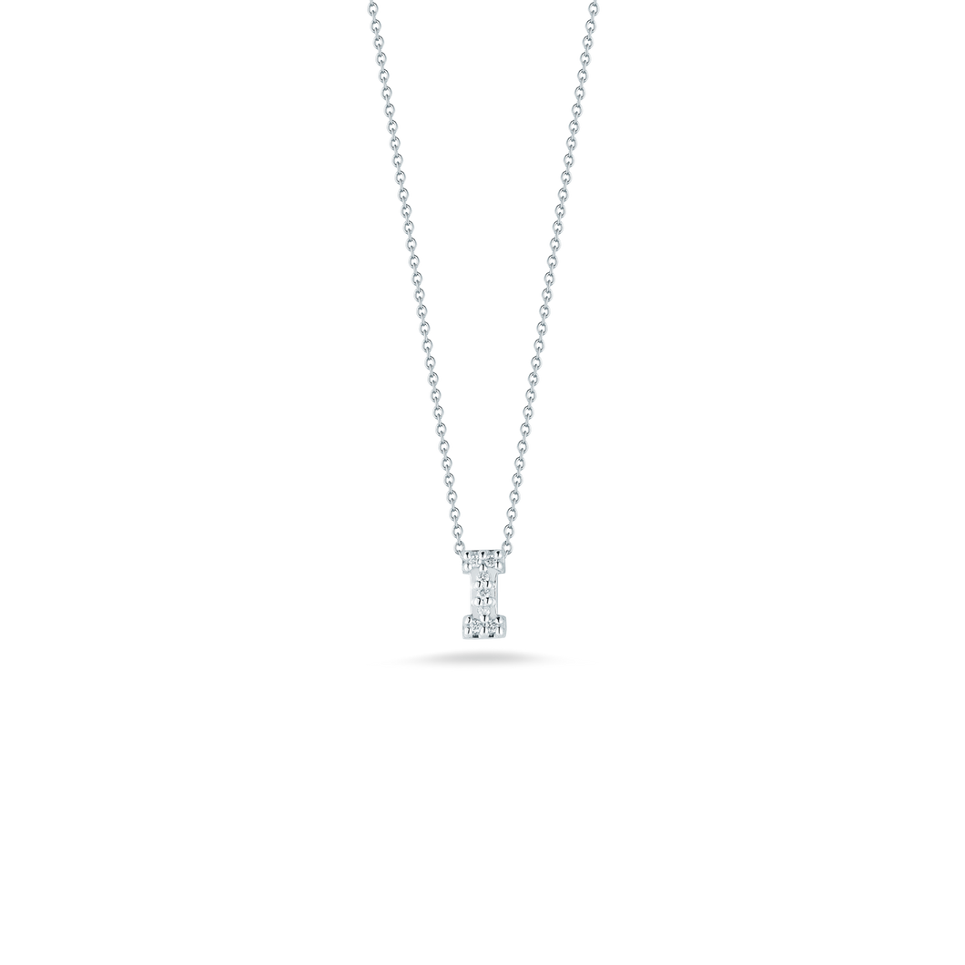 Roberto Coin 18 karat white gold Tiny Treasures diamond block Love Letter 