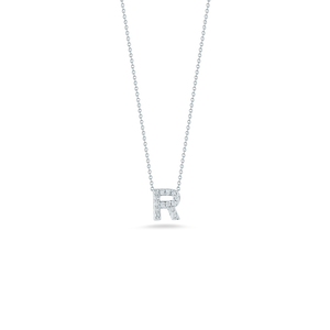 Roberto Coin 18 karat white gold Tiny Treasures diamond block Love Letter "R" pendant 16-18",  D=0.06tw