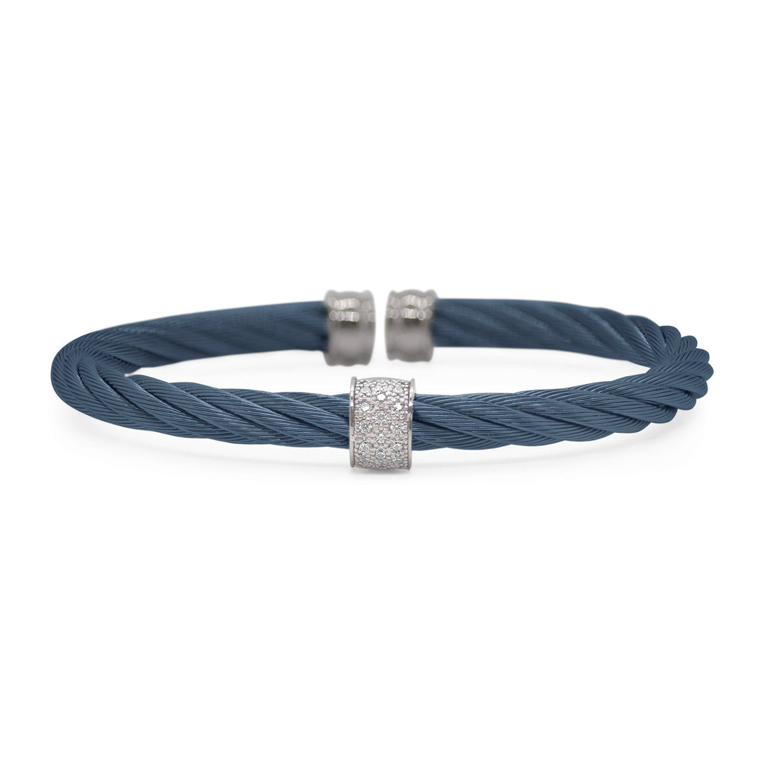 Alor 6.25" Blueberry Stainless Steel Cable and 18 Karat White Gold and Diamond Single Barrel Cuff, Dia=.13tw