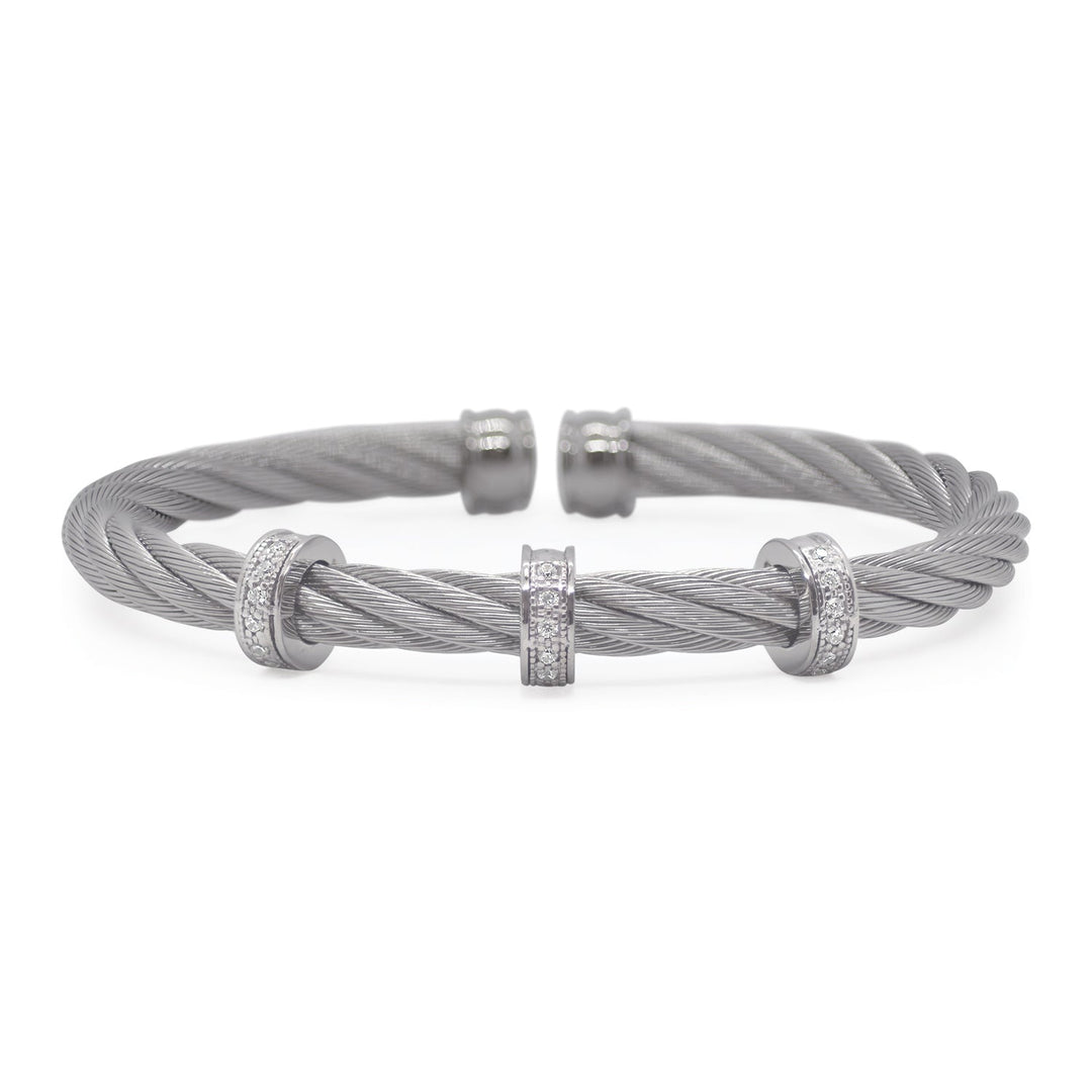 Alor 6.25" Grey Stainless Steel Cable and 18 Karat White Gold and Diamond Triple Barrel Cuff, Dia=.15tw
