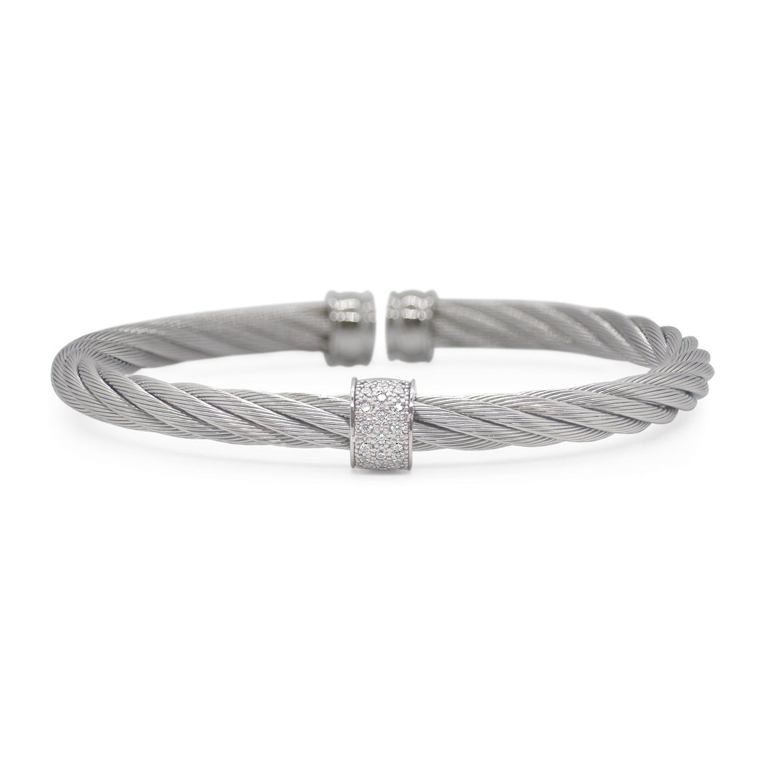 Alor 6.25" Grey Stainless Steel Cable and 18k White Gold and Diamond Single Barrel Cuff, Dia=.13tw