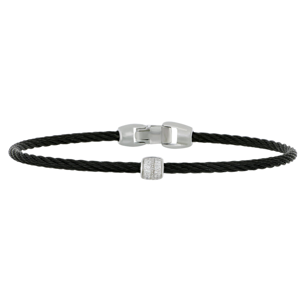 Alor Black Stainless Steel and 18 karat White Gold 1 Pave Diamond Barrel Station Bangle size 7, D=0.07tw GH/SI1