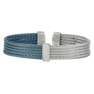 Alor Caribean Blue and Grey Stainless Steel 18 karat White Gold  5 row Duo Mini Cuff Bracelet size 6.25, D=0.19tw GH/SI1