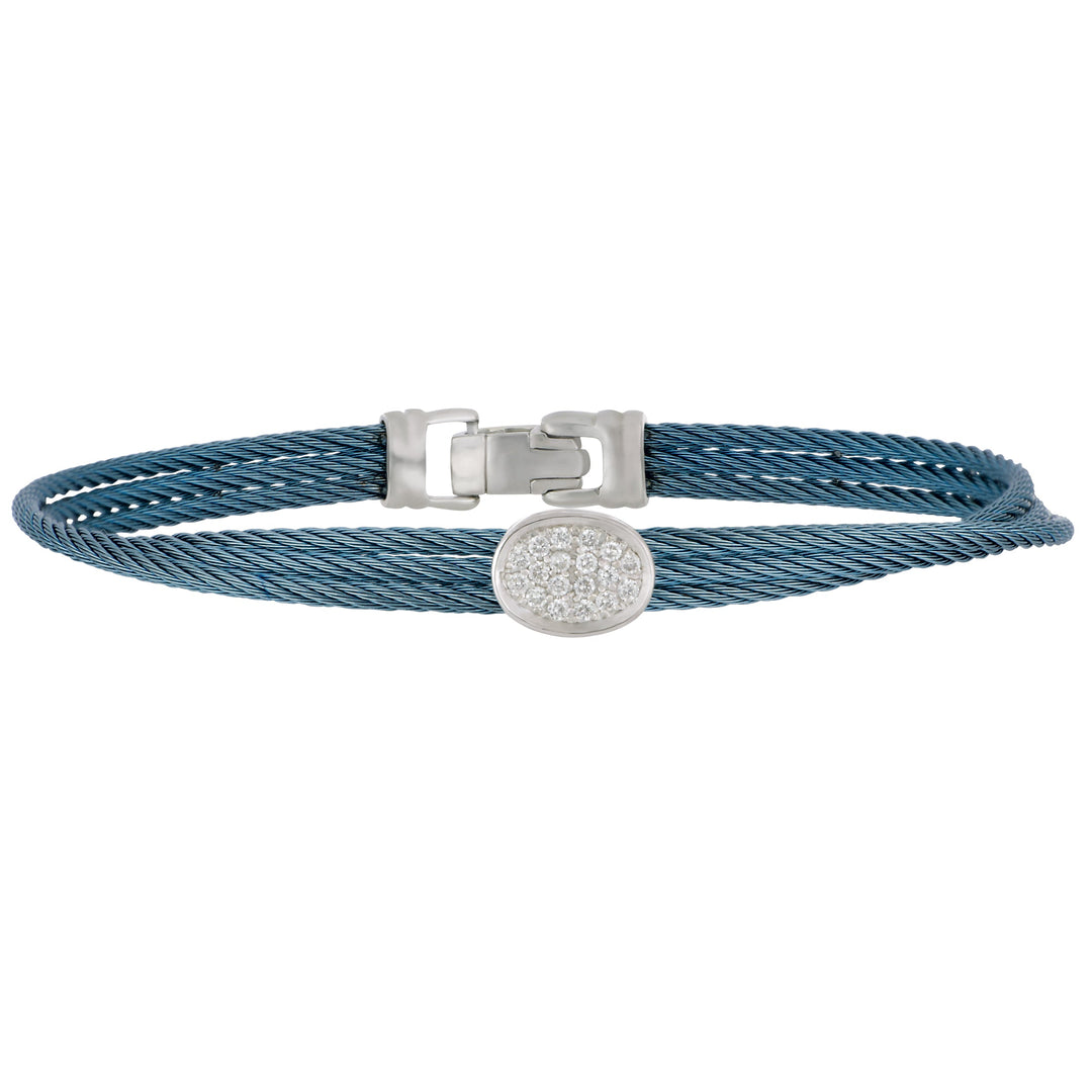 Alor Caribean Blue Stainless Steel and 18 karat White Gold 3 Cable Pave Diamond Oval Station Bangle size 7, D=0.16tw GH/ SI1