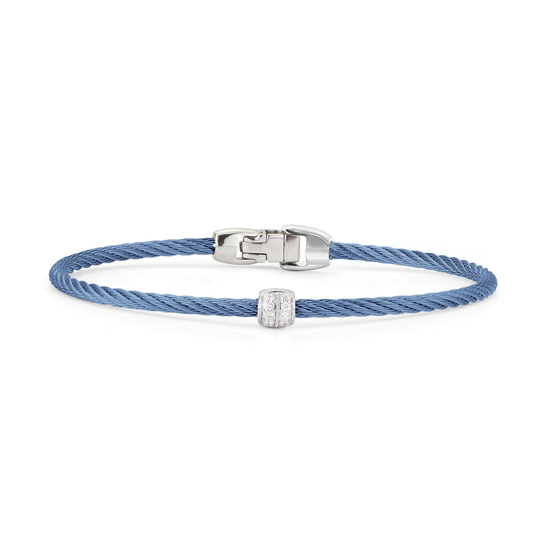 Alor 7" Caribbean Blue Stainless Steel Cable Bracelet with 18k White Gold and Diamond Barrel, Dia=.07tw