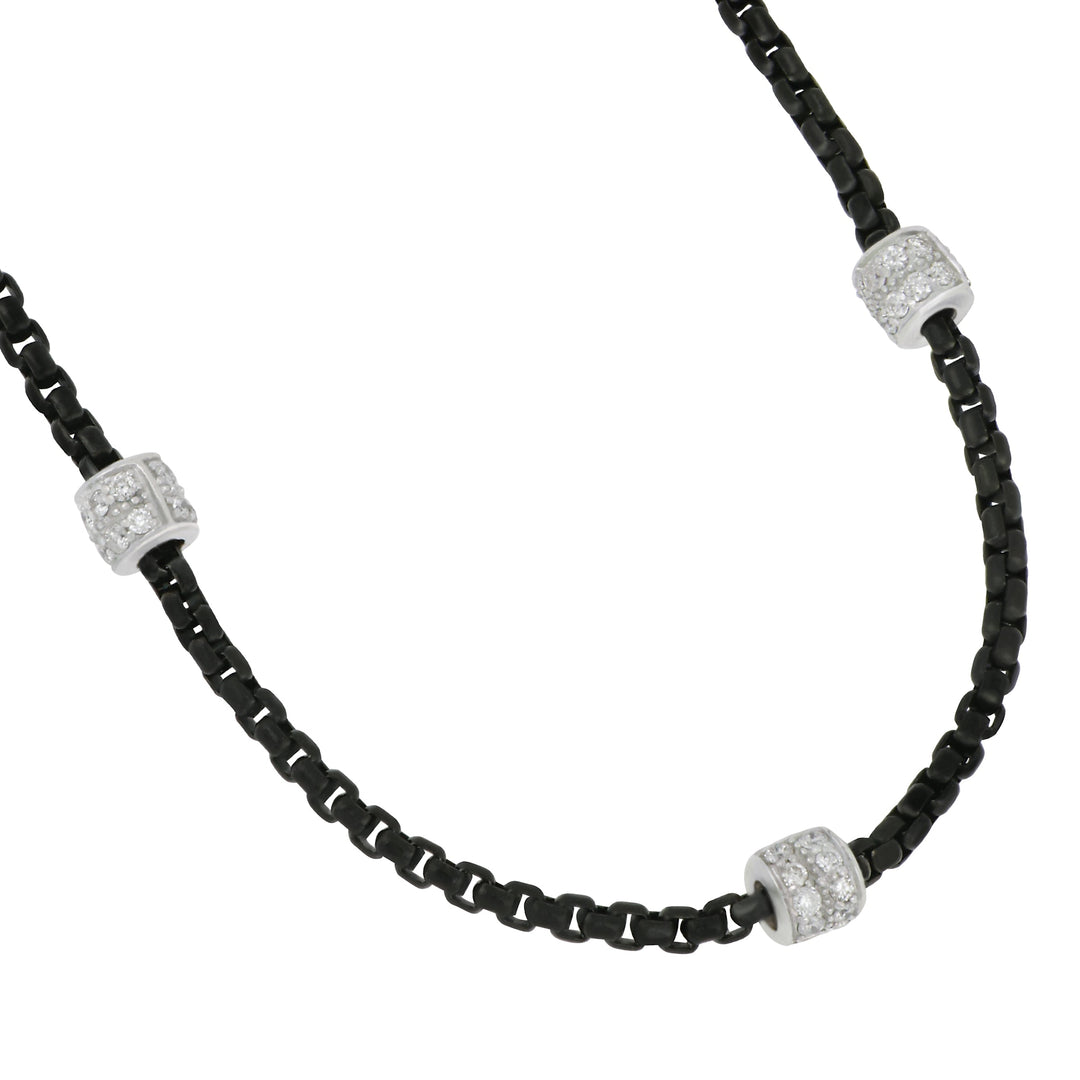 Alor Black Stainless Steel and 14 karat White Gold 3 Pave Diamond Barrel Station Necklace 16.5" adjustable, D=0.40tw GH/SI1