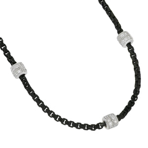 Alor Black Stainless Steel and 14 karat White Gold 3 Pave Diamond Barrel Station Necklace 16.5" adjustable, D=0.40tw GH/SI1