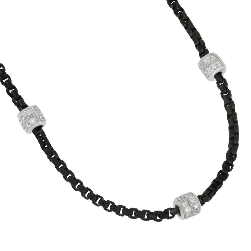 Alor Black Stainless Steel and 14 karat White Gold 3 Pave Diamond Barrel Station Necklace 16.5