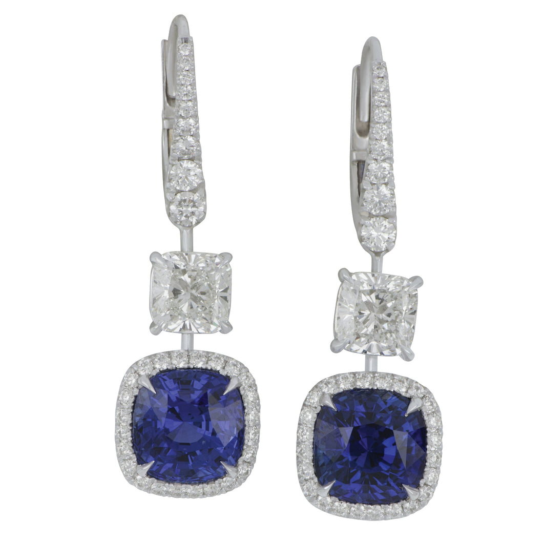 Platinum Cushion Halo Sapphire and Diamond Drop Euro earrings, SA=8.42tw 2 Cushion D=2.44tw D=0.76 tw EF/VS
